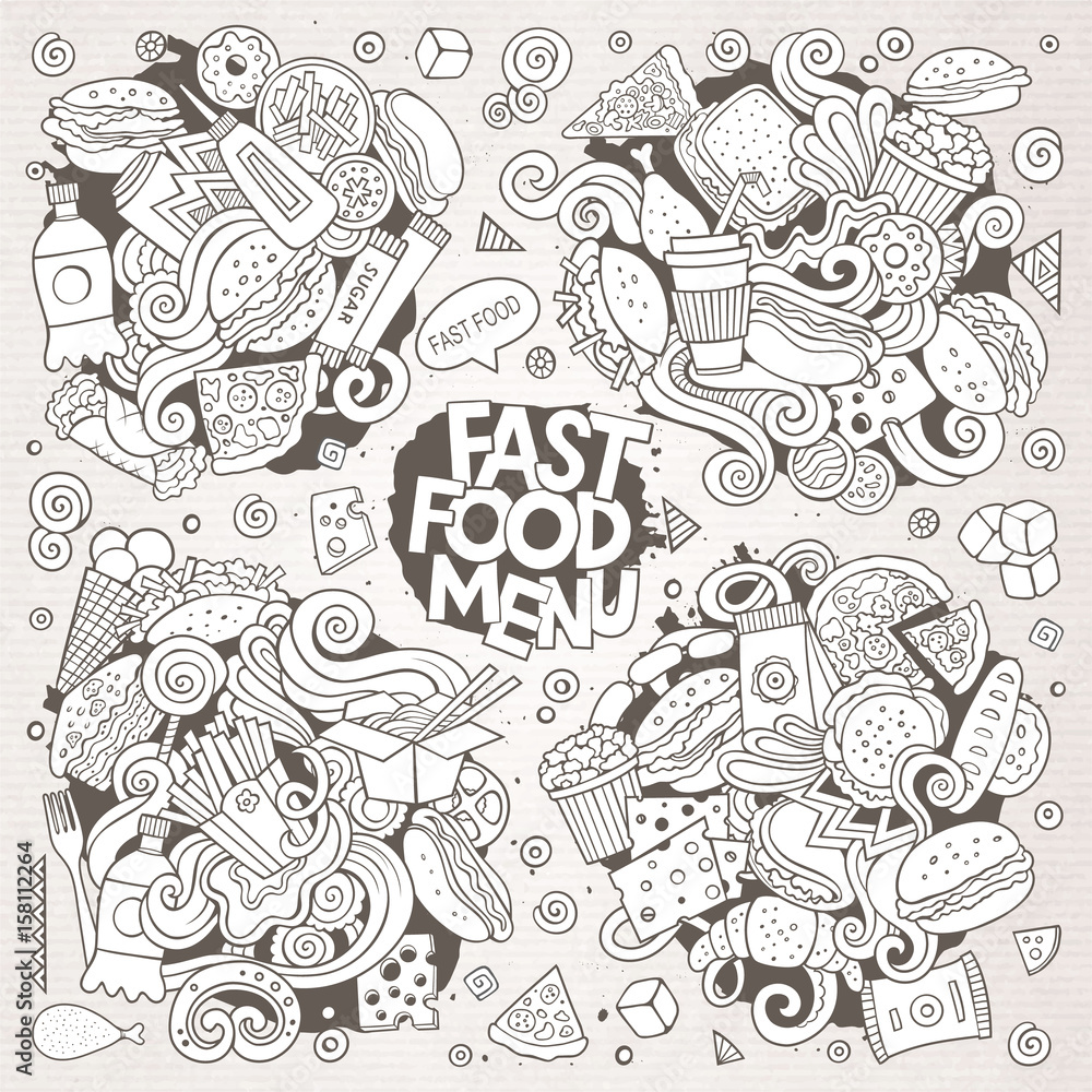 Line art vector hand drawn doodles cartoon set of food objects