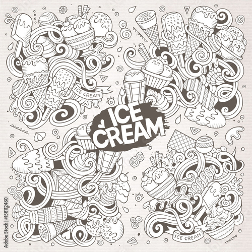 Line art vector cartoon set of ice-cream doodle designs