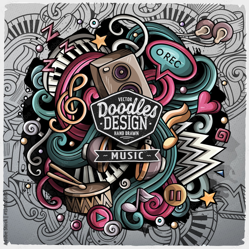 Fototapeta premium Cartoon cute doodles hand drawn Music illustration