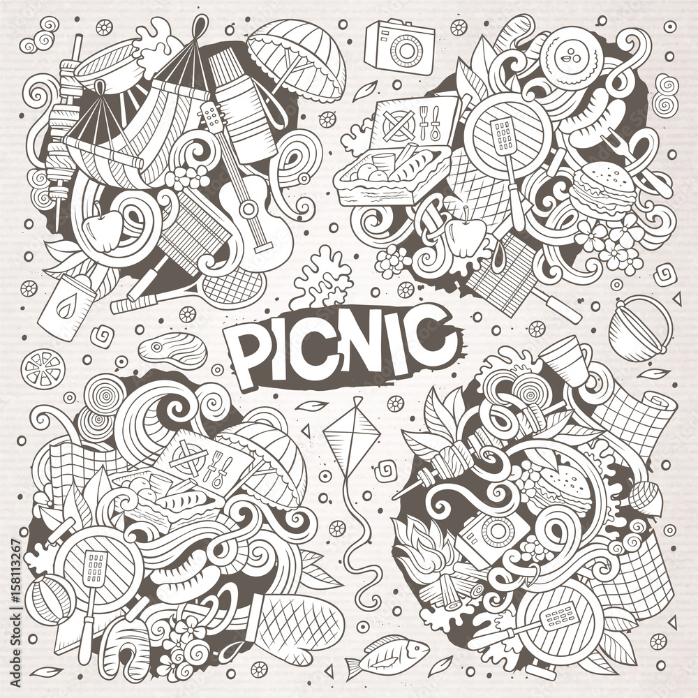 Line art vector set of picnic doodle designs