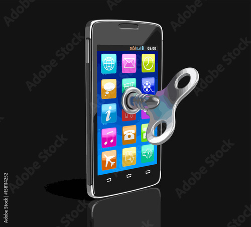 Touchscreen smartphone with winding key. Image with clipping path.