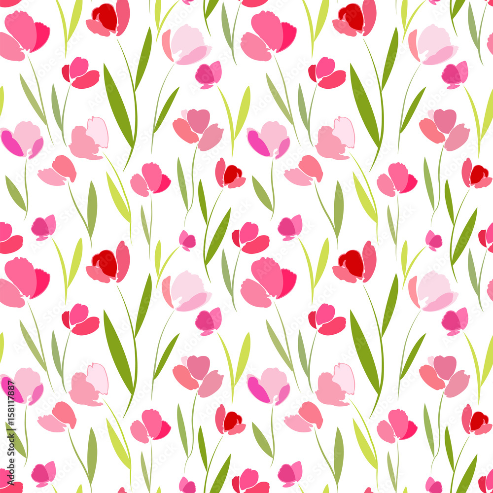 Seamless pattern with a field of tulips on a white background. Seamless pattern with a field of tulips on a white background.