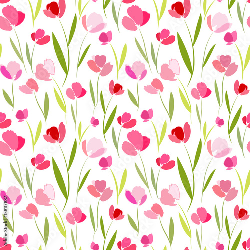 Seamless pattern with a field of tulips on a white background.
