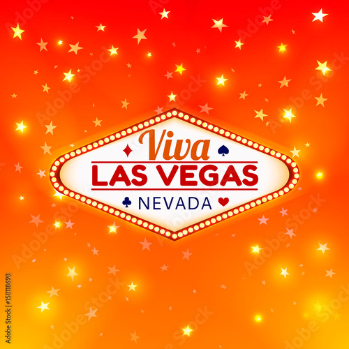 Las Vegas Casino Sign.Casino Color Signboard Viva Las Vegas Nevada w Diamonds suit,Hearts suit,Spades symbol,Crest symbol in Frame of Light Bulbs on Gold Gleamig Stars,Gold Shining Stars Background