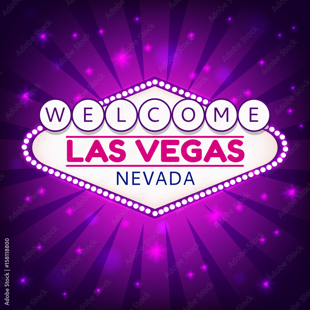 Las Vegas Casino Sign.Casino Neon Billboard Welcome Las Vegas Nevada in  Frame of Light Bulbs on Neon Purple Shining Rays,Neon Stars Shining Purple  Background.Design Conception for Gambling Place. Stock Vector | Adobe