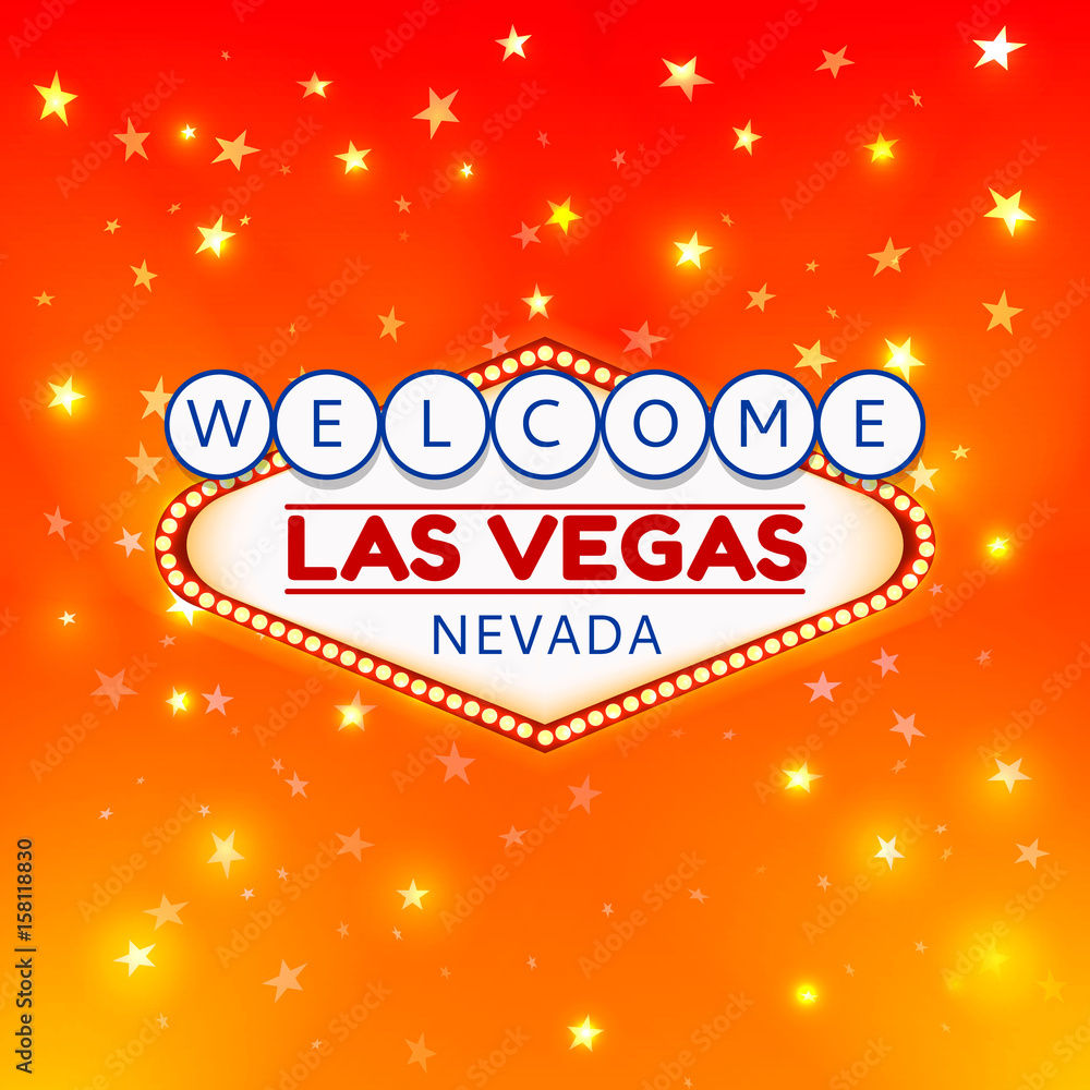 Las Vegas Casino Sign.Casino Color Signboard Welcome Las Vegas Nevada in Frame of Light Bulbs on Gold Gleaming Stars,Gold Shining Stars Background.Design Conception for Gambling Place.