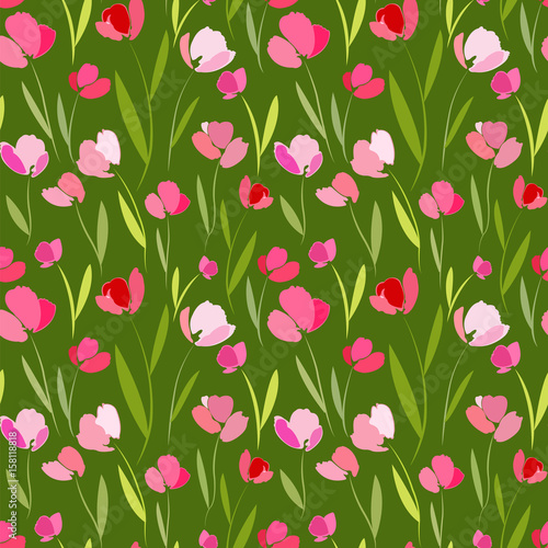 Seamless pattern with tulip field on a green background