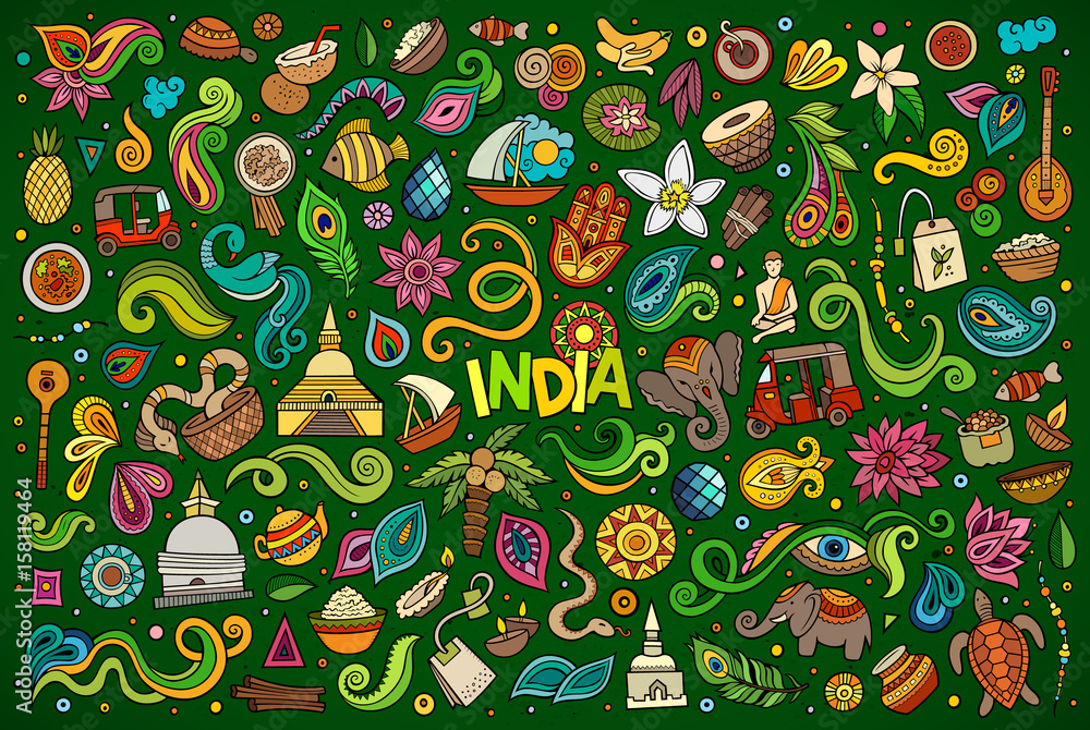 Fototapeta premium Vector doodle cartoon set of Indian objects and symbols