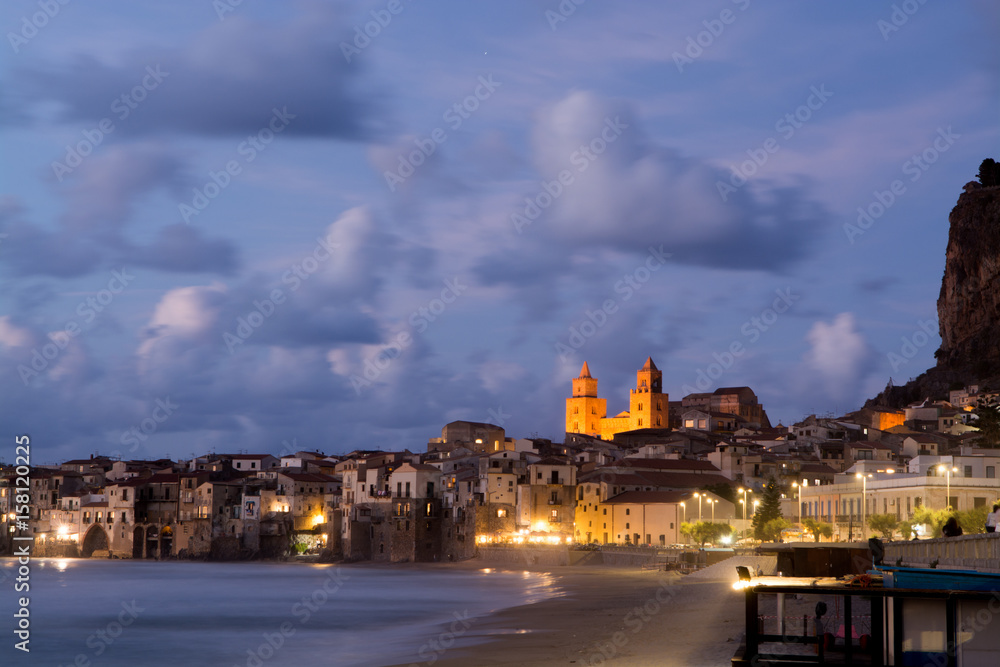 Touristic and vacation pearl of Sicily, small town of Cefalu, Sicily, south Italy, sea view, sunset