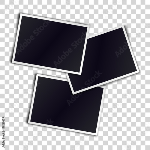 Three photorealistic blank retro photo frames over transparent background. Vector illustration.