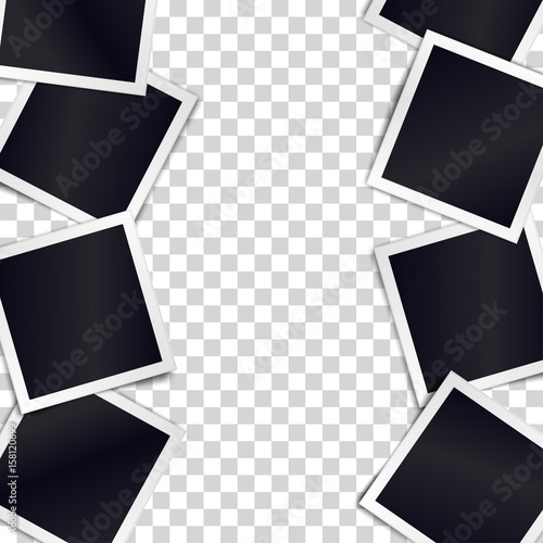 Border of realistic black photo frames on transparent background. Template for design. Vector illustration.