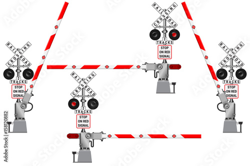 Railway barriers in the open and closed position and a road sign with the railway crossing.