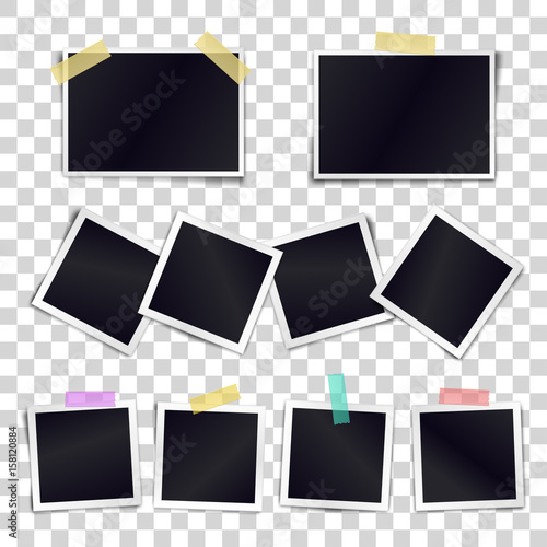Vector Collection of blank photo frames sticked on duct tape to transparent background. Template mockups for design.