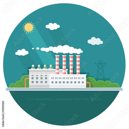 Flat waste incineration plant exterior with City in the background. Building, workers. recycling, nature care, alternative resource, incinerator concept. Vector background illustration