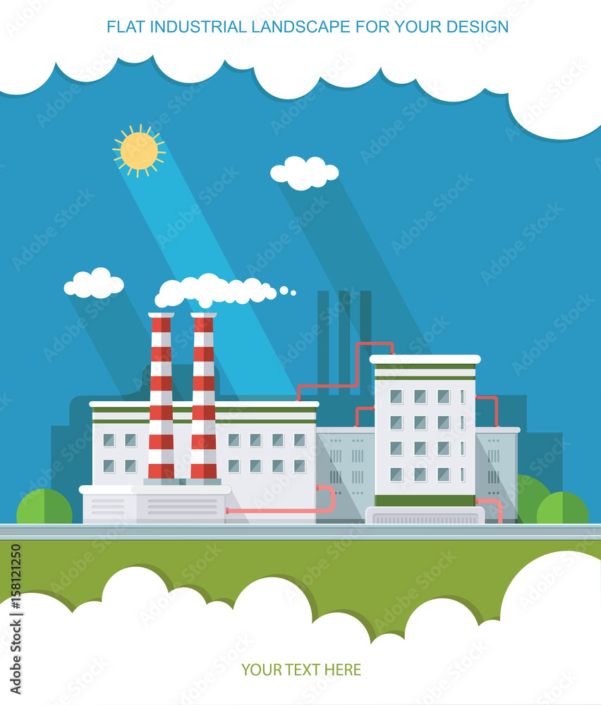 industry manufactory building. Factories producing oil and gas, metals and rubber, energy and power. Destroys nature. Icon of eco friendly factories. Flat Vector background illustration industry manufactory building. Factories producing oil and gas, metals and rubber, energy and power. Destroys nature. Icon of eco friendly factories. Flat Vector background illustration