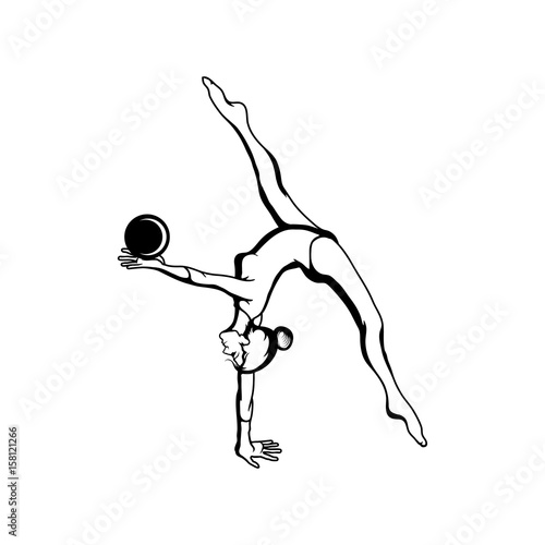 Art gymnastics with ball. Young girl in sport gymnastic position.Vector illustration of a acrobatic girl. Young woman with a beautiful body. Sexy gymnast flat icon isolated on white background.