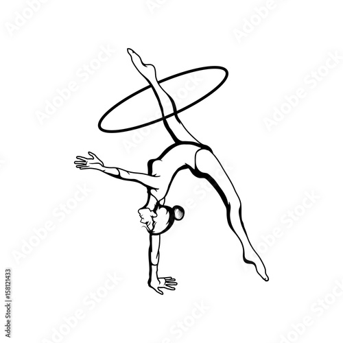 Art gymnastics with hoop. Young girl in sport gymnastic position.Vector illustration of a acrobatic girl. Young woman with a beautiful body. Sexy gymnast flat icon isolated on white background.