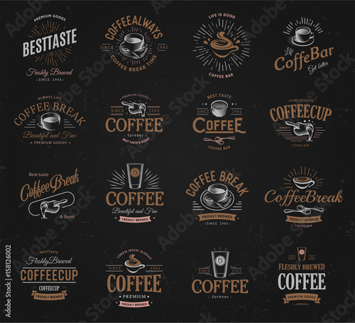 Coffee vintage logos set. Freshly brewed caffeine dark drink logotype. Premium goods latte and espresso business retro logo collection design.Modern lettering badge for cappuccino cafe or restaurants.