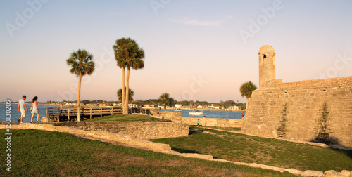 Tourists walking the walls of Castillo De San Marco, the oldest fort in the United States, in St Augustine Florida