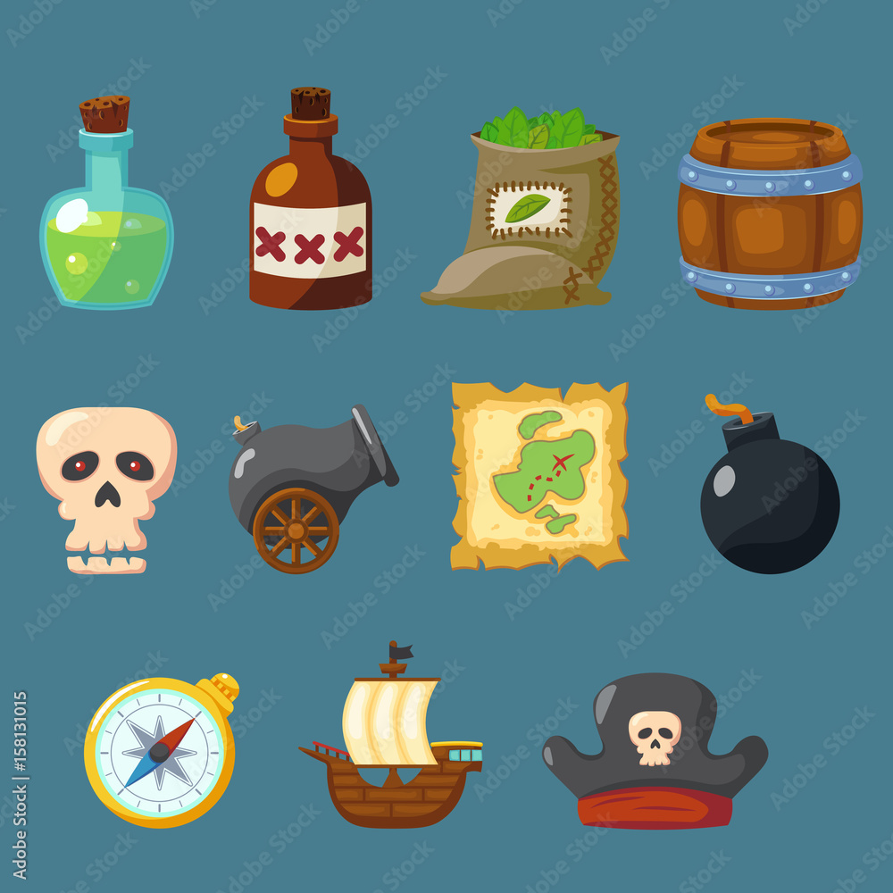 Pirate game cute icon inventory weapon vector set Pirate game cute icon inventory weapon vector set
