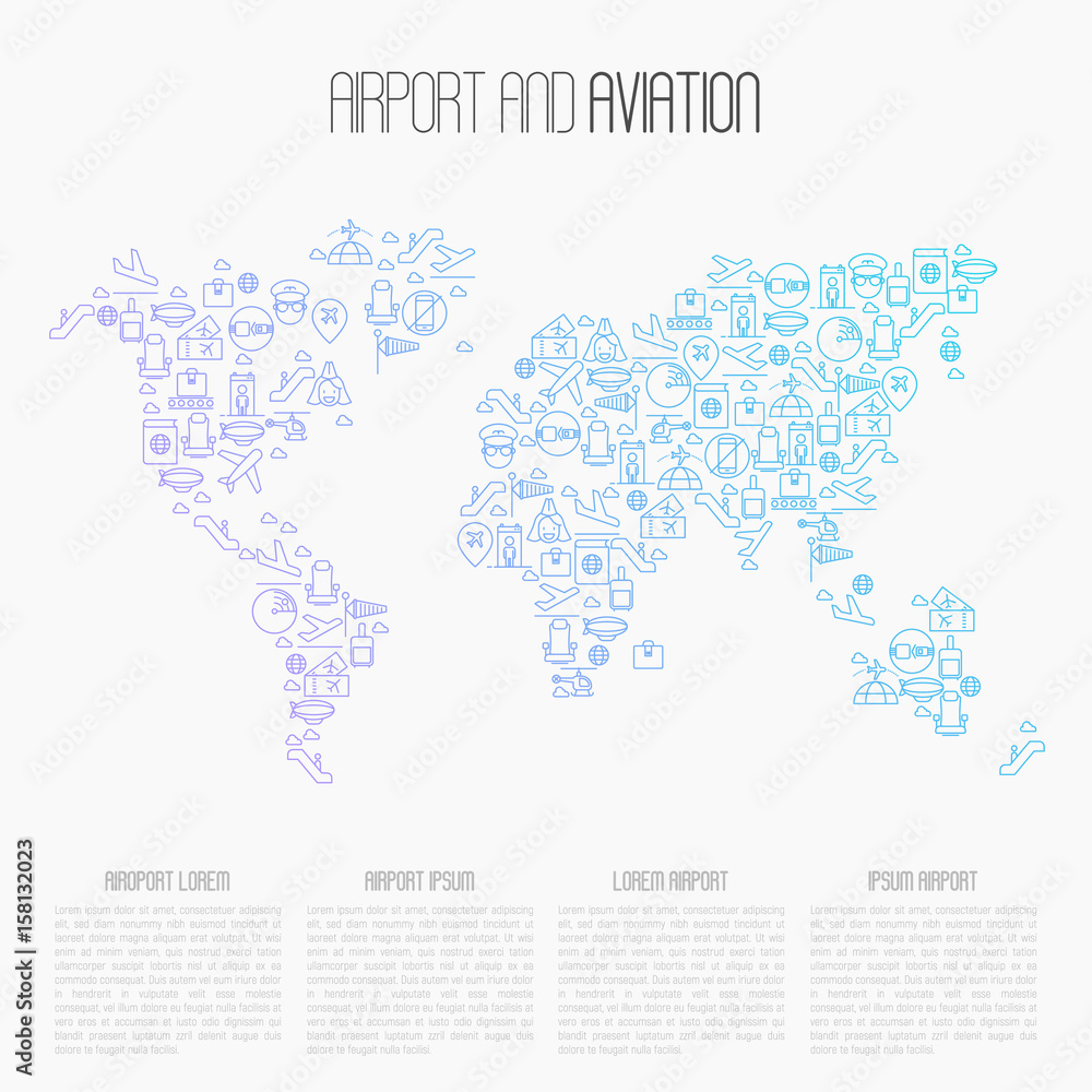 Fototapeta premium Airport and aviation, tourism concept. Thin line icons in world map. Vector illustration.
