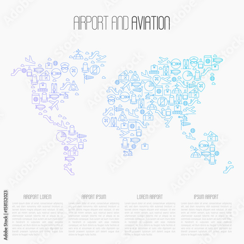Airport and aviation  tourism concept. Thin line icons in world map. Vector illustration.