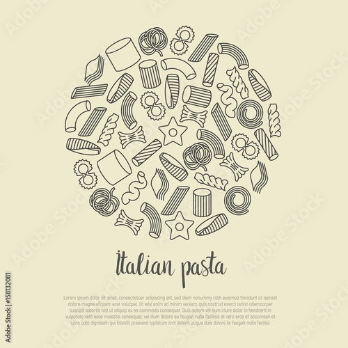 Different types of Italian pasta concept for menu background of restaurant or cafe. Thin line vector illustration.
