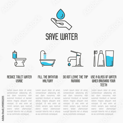 Save water concept: toilet, bathtub, tap and brushing teeth economy usage. Thin line vector illustration.