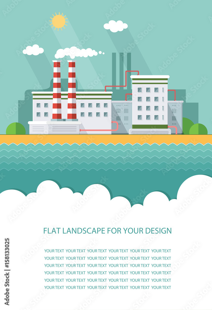 Blank flyer for text. Plant for the extraction and processing of oil and gas. storage in tanks and barrels. Vector Infographic  flat style