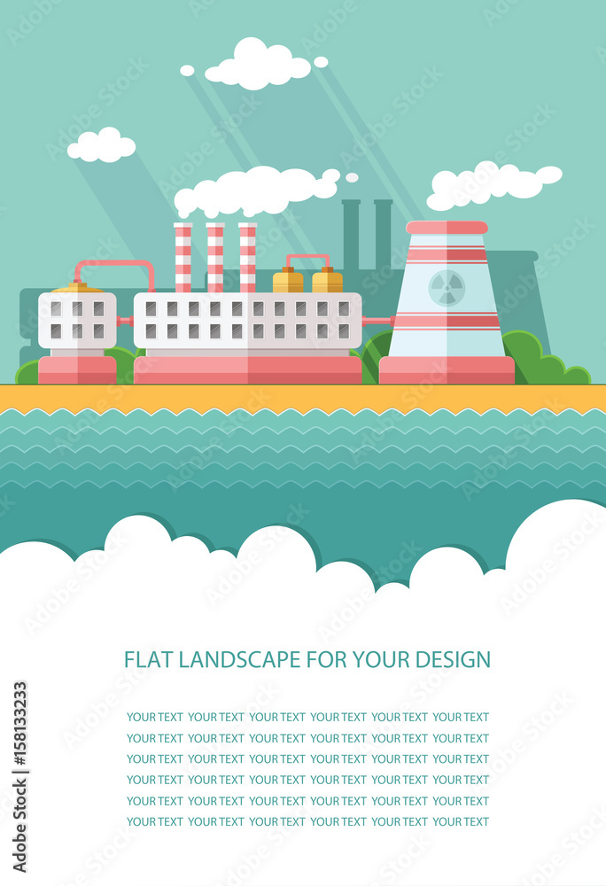 Blank flyer for text. Nuclear power plant and factory. Atom, radiation energy industrial concept, station background. Environmental theme. Flat Vector background illustration