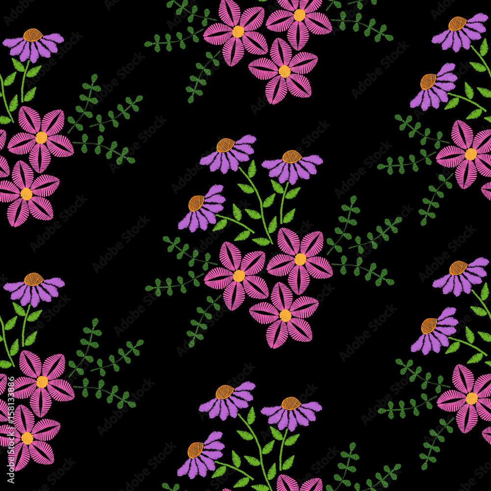 Seamless pattern with embroidery stitches imitation flower and green leaf Seamless pattern with embroidery stitches imitation flower and green leaf