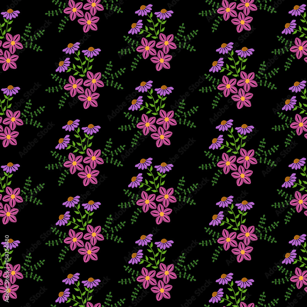 Seamless pattern with embroidery stitches imitation little flower and green leaf Seamless pattern with embroidery stitches imitation little flower and green leaf
