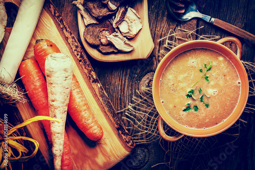 Soup with barley and chicken gizzards. Instagram style filtred image. photo