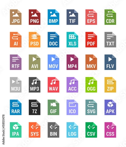 Flat file types icons. Archive, vector, audio, image, system, document formats