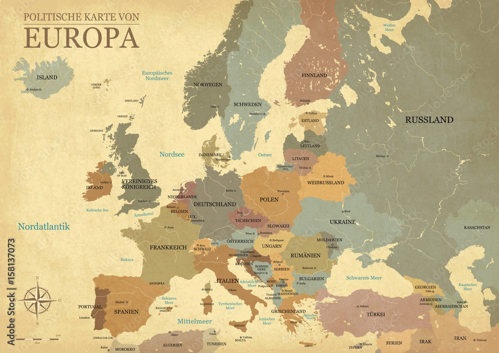 Obraz premium Mapa Europy z literami - efekt Vintage - wersja niemiecka - wektor