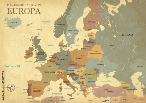 Europakarte mit hauptstädten - Vintage effekt - Deutsch version - Vektor