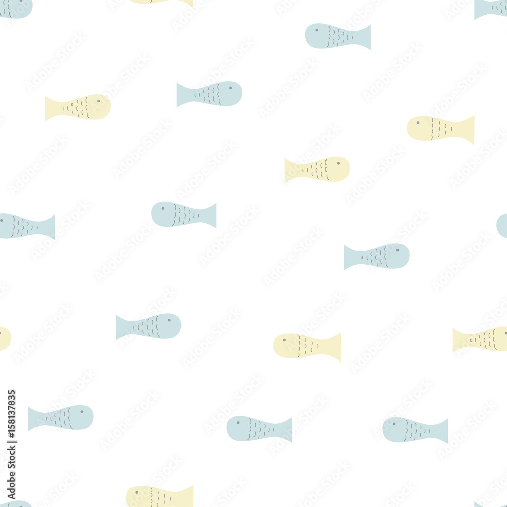 Yellow and blue fish. Seamless vector pattern in doodles style.