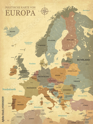 Europakarte mit hauptstädten - Vintage effekt - Deutsch version - Vektor