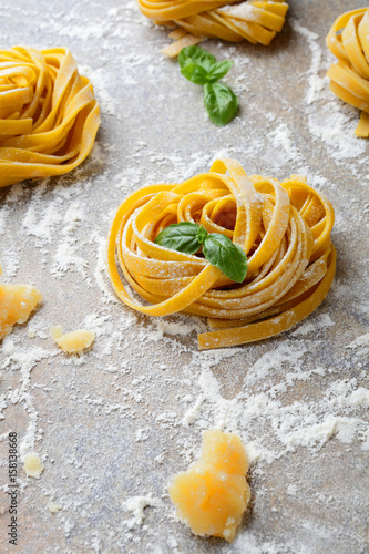 Italian pasta tagliatelle nest closeup