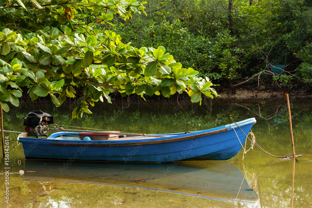 The small blue boat parked in a small canal at the mangrove forest.Thailand.