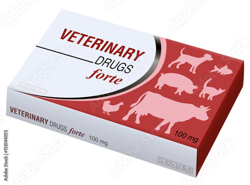 Veterinary drugs fake box - symbol for medical abuse of pets, animals, livestock. Isolated vector illustration on white background.