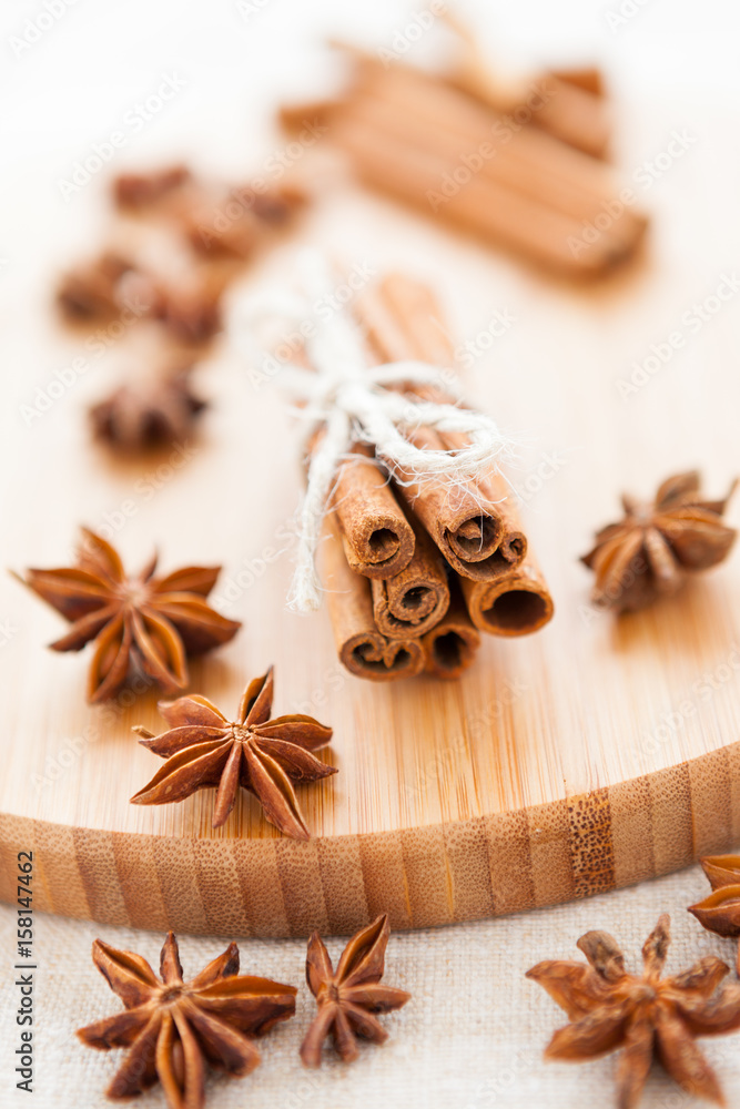 Close up of spices cinnamon and badiana Close up of spices cinnamon and badiana