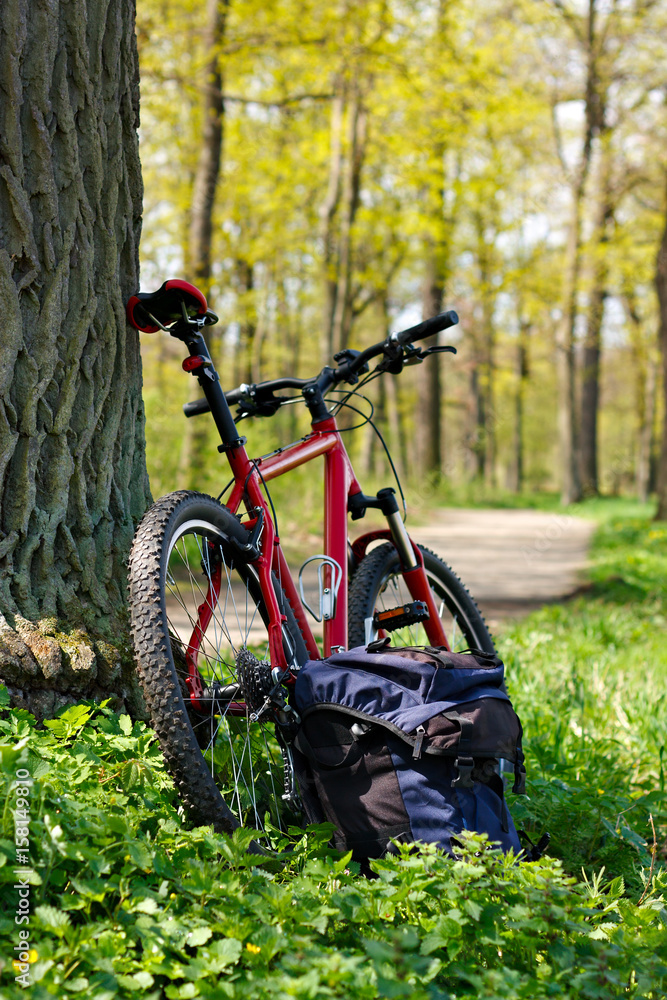 Bike and Backpack against the background of nature in spring