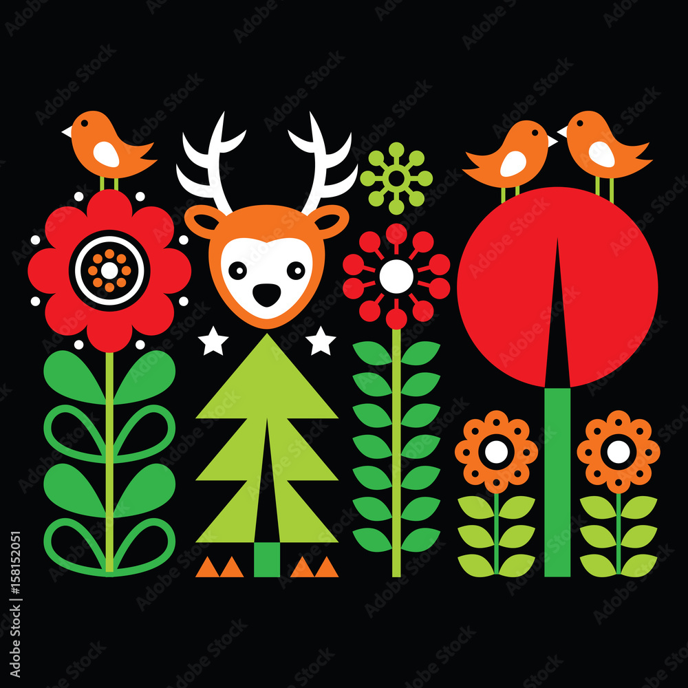 Naklejka premium Scandinavian folk art pattern with flowers and animals, Finnish inspired design on black 
