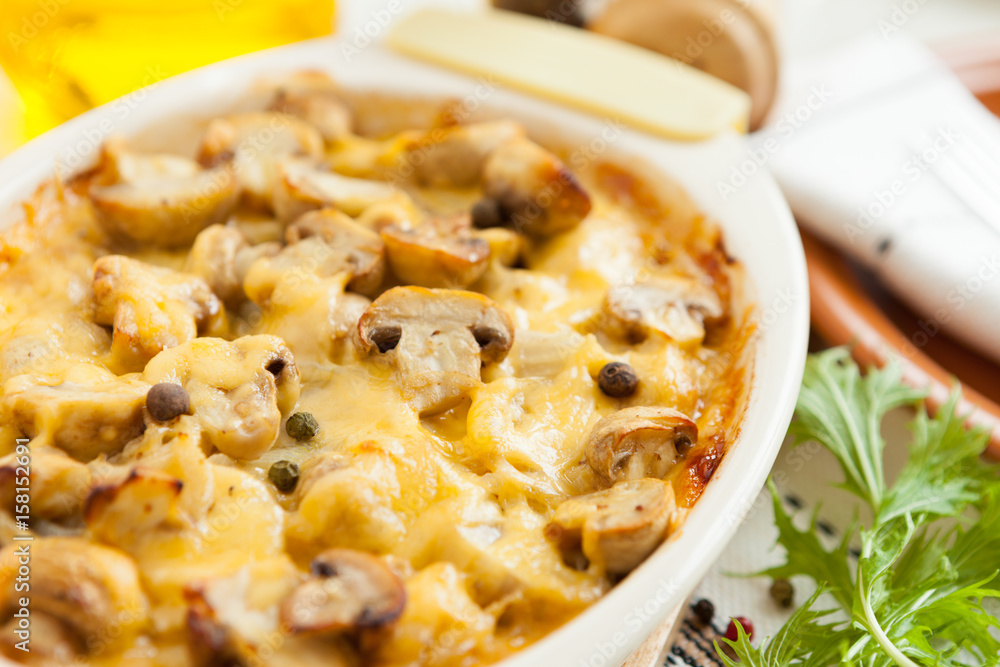 Vegetables Pie with mushrooms, potatoes and cheese closeup Vegetables Pie with mushrooms, potatoes and cheese closeup