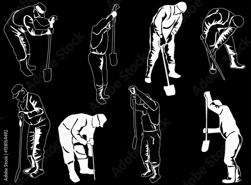 eight navvy sketches isolated on black
