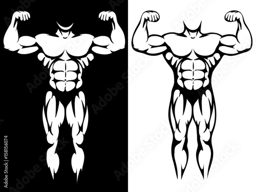 Male athletic body and muscules silhouettes in black and white colors. Vector illustration