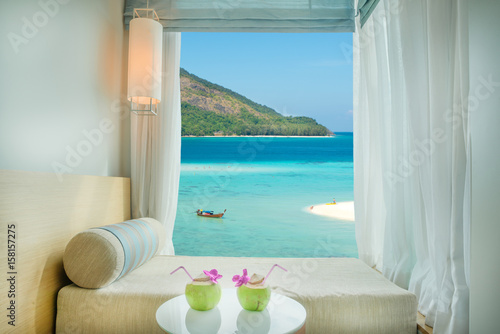 Photography Beautiful Phuket tropical sea view at window in resort, Phuket ,Thailand