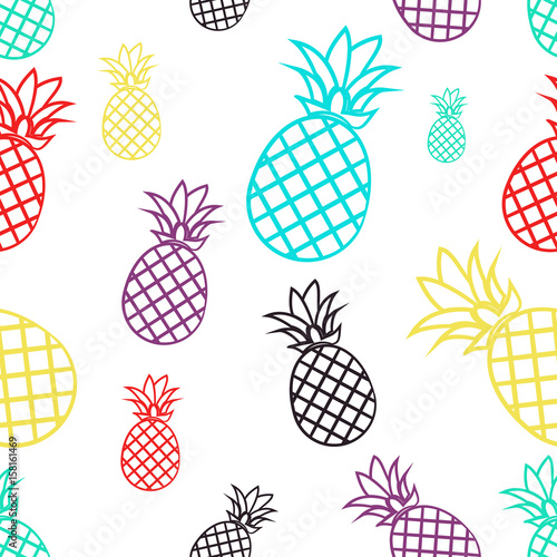 Seamless pattern with colorful pineapples. Tropical fruit on a white background