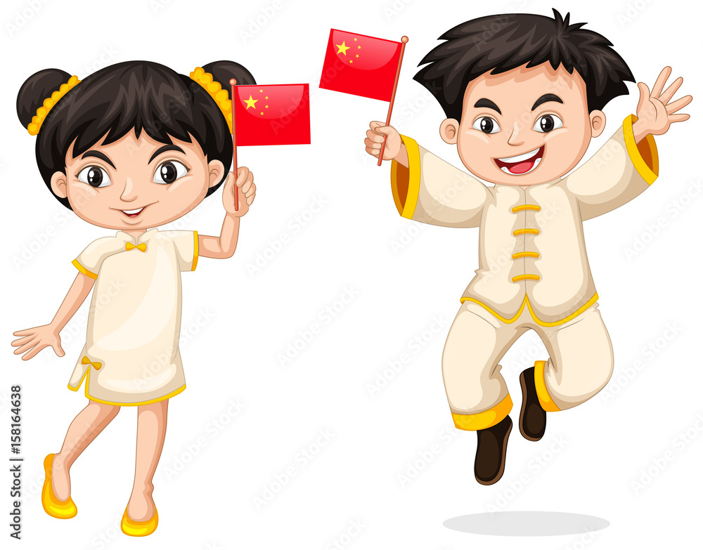 Happy boy and girl holding flag of China Happy boy and girl holding flag of China